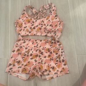 Pink Leopard Print Crisscross Sports Bra & Shorts Set